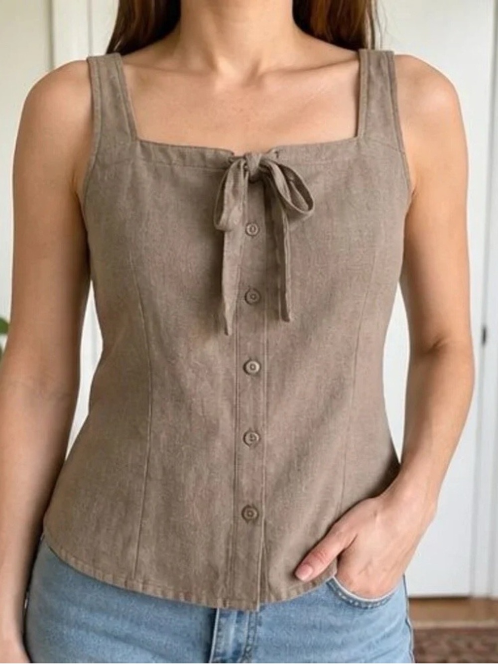Taupe Tie Neck Blouse